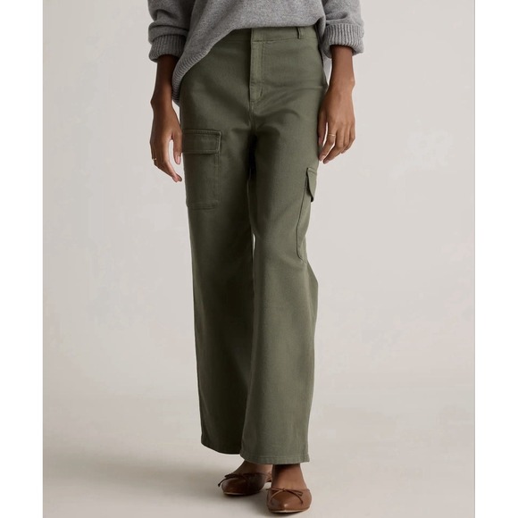 Quince Pants - Quince Organic Stretch Cotton Twill Cargo Pants Womens 10 Green Loden Wide Leg